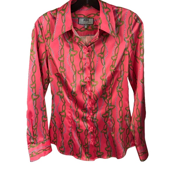 Hawes & Curtis Fitted Shirt Top Women UK 8 US S Button Up Chain link Print Pink - Picture 1 of 9